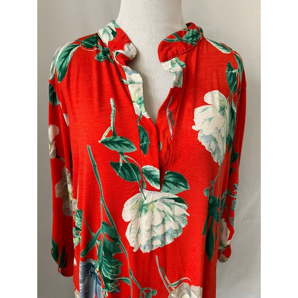 E'loges Collared Peek-a-boo V-Neck Floral Stretchy Short Sleeve Dress/Long Shirt - Picture 2 of 12